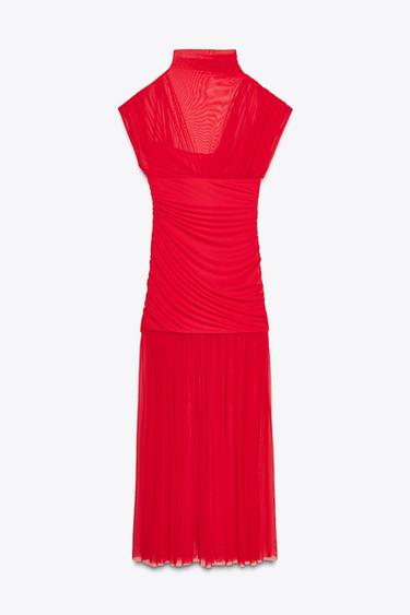 ROBE MIDI EN MATIÈRES VARIÉES TULLE - Rouge de Zara - Image 1