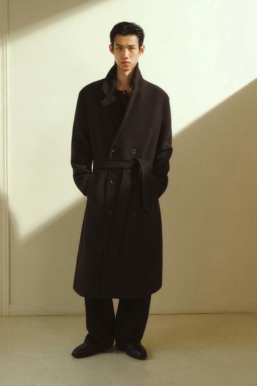 Zara 繫腰帶羊毛混紡雙排扣大衣 - 棕色