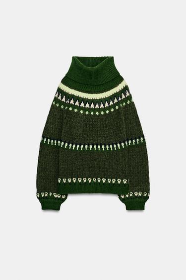 SUÉTER DE TRICÔ JACQUARD - Verdes da Zara - Imagem 0