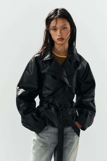 LEATHER EFFECT BELTED JACKET - Black by Zara