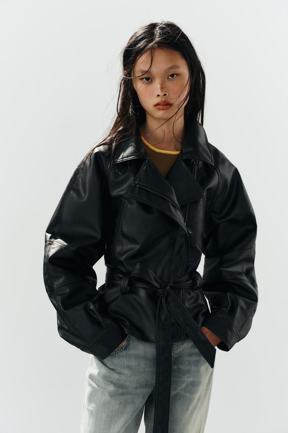 LEATHER EFFECT BELTED JACKET - Black by Zara - Image 0