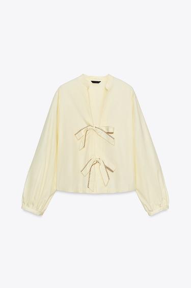 قميص بوبلين مخطط بأشرطة معقودة - أصفر الخاص بـ Zara