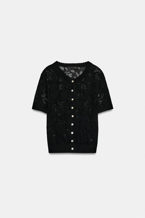 SHORT SLEEVE FLORAL KNIT CARDIGAN - Black by Zara - Image 0