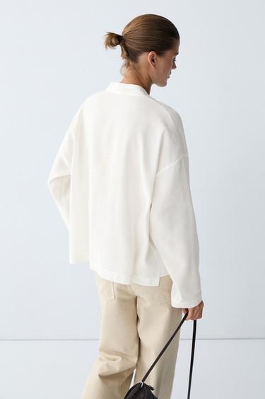 Flowing linen-blend V-neck shirt — White 1