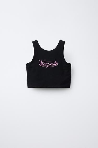 Zara TEXT CROP TOP - Black - Image 0
