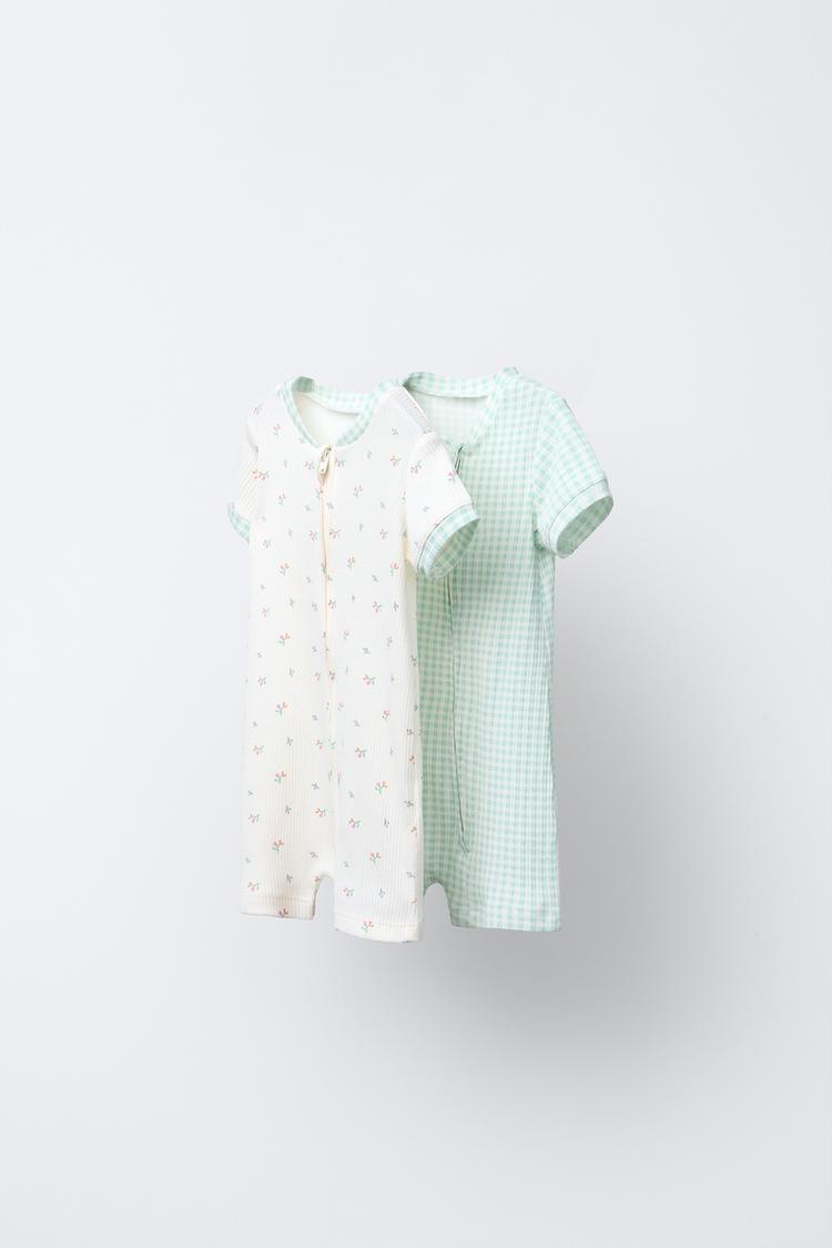 PACK DOS PIJAMAS ENTEROS CUADRO VICHY FLORECITAS Crudo ZARA España