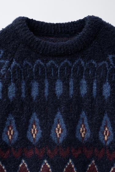 Zara JACQUARD KNIT SWEATER - Brown-Blue