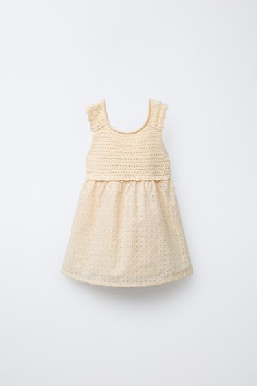 Zara COMBINATION KNIT AND SWISS EMBROIDERY DRESS - Butter