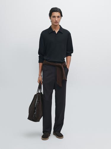 Zara Textured long sleeve polo shirt - Navy blue - Image 0