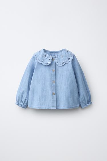 Zara EMBROIDERED PETER PAN COLLAR SHIRT - Mid-blue - Image 0
