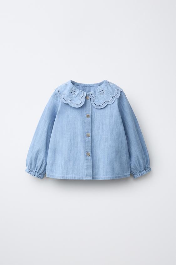 CAMISA CUELLO BOBO BORDADO - Azul medio de Zara - Imagen 0