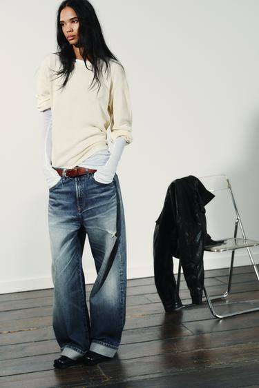 JEANS TRF BAGGY CON RISVOLTO STRAPPI VITA MEDIA - Blu Marino di Zara