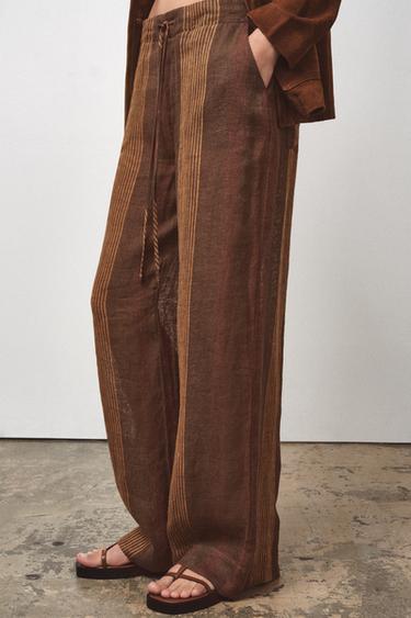 Zara 100% LINEN STRIPED PANTS ZW COLLECTION - Multicolored