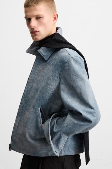WASHED LEATHER JACKET - Blue by Zara - Image 4