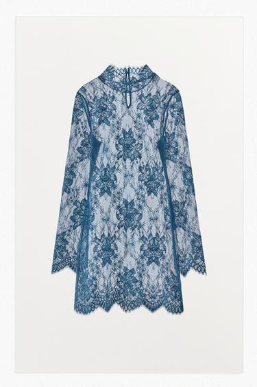 ROBE COURTE EN DENTELLE - Bleu de Zara