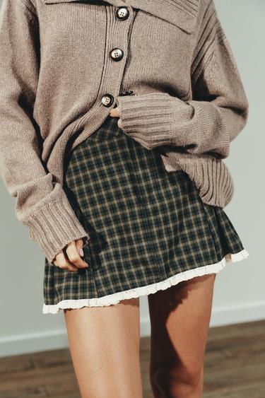 MINI JUPE À CARREAUX AVEC DENTELLE - Vert / Bleu de Zara - Image 2