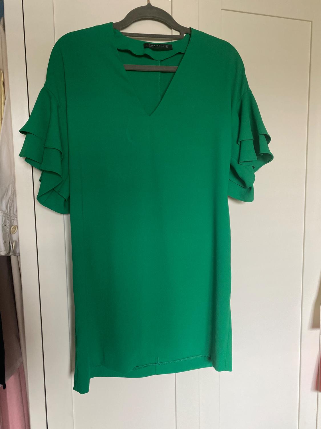 Green dress with ruffled sleeves hanging on a black hanger in front of a white wardrobe.