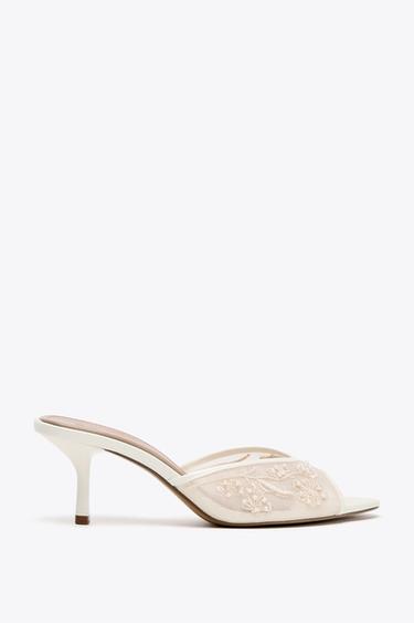 Zara MESH PEARL EMBROIDERED SANDALS - White