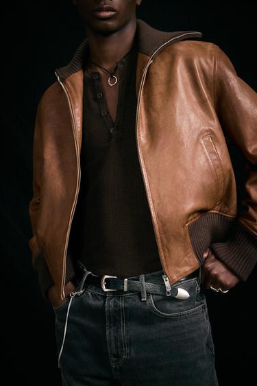 REGULAR-FIT LEREN JACK - Toffee van Zara