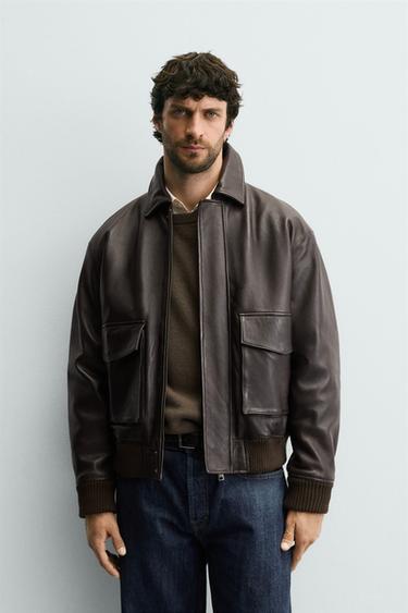 LEATHER JACKET WITH POCKETS - Brown by Zara