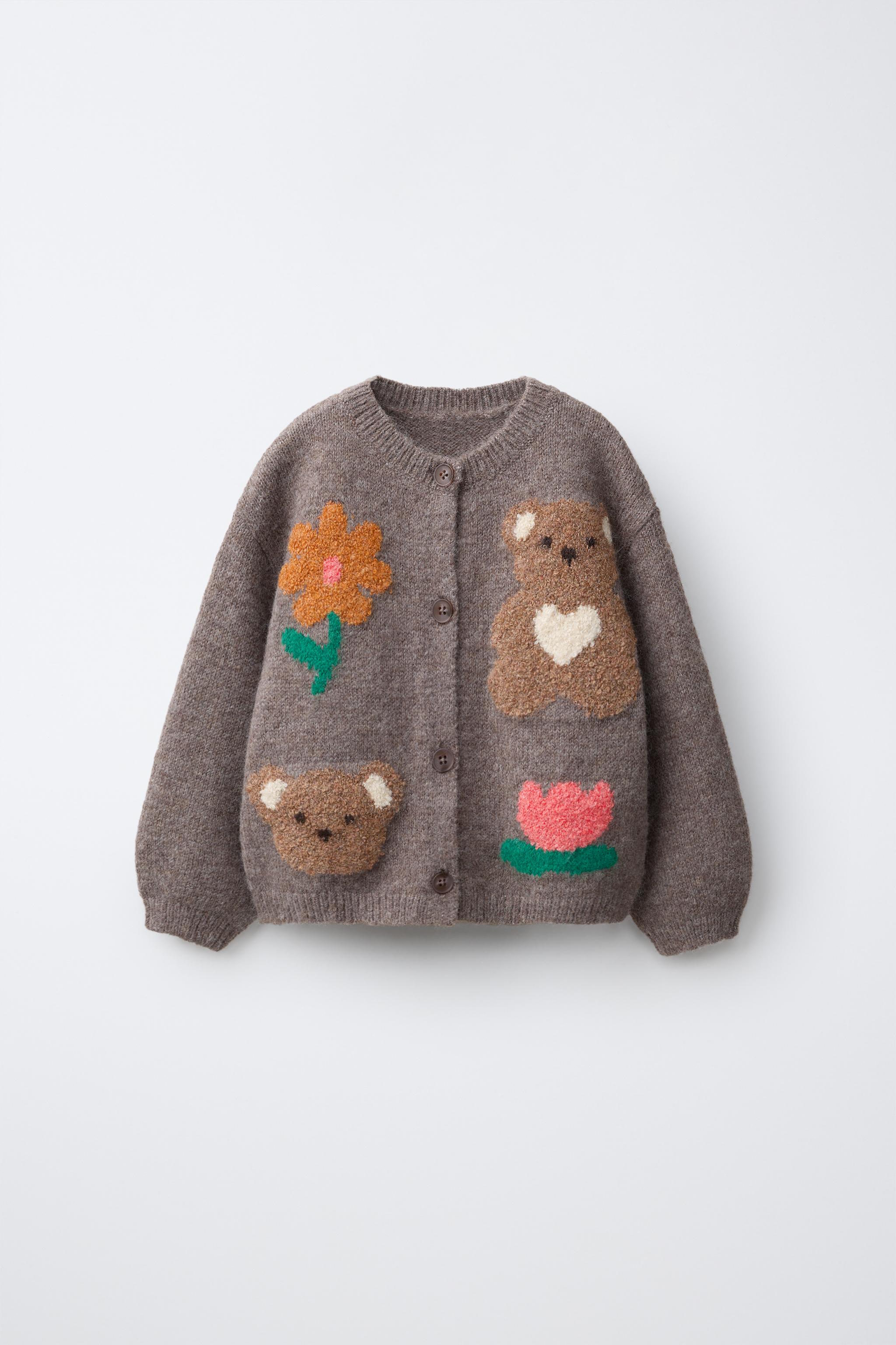 BEAR AND FLORAL CARDIGAN — Brown / Taupe