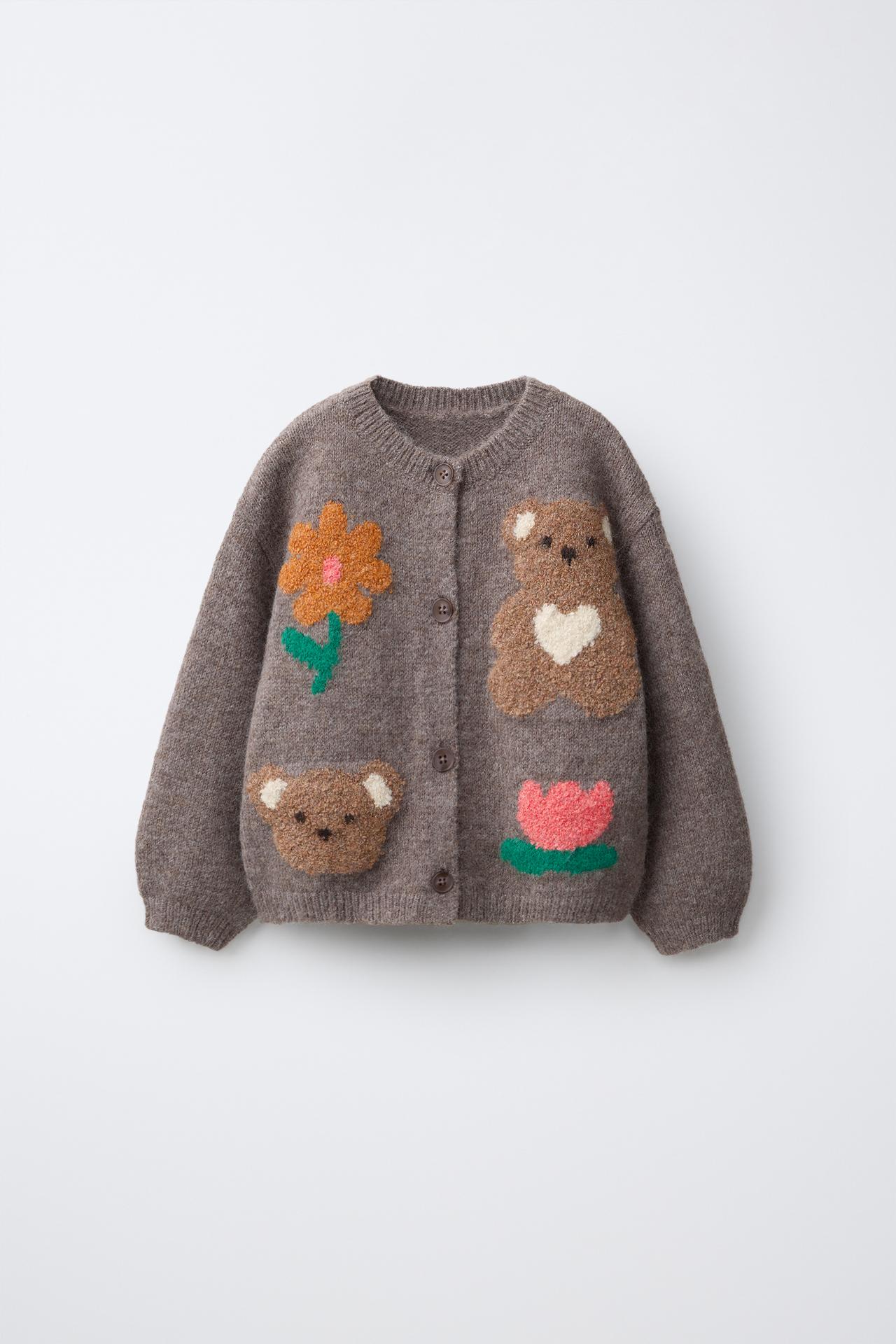 BEAR AND FLORAL CARDIGAN — Brown / Taupe