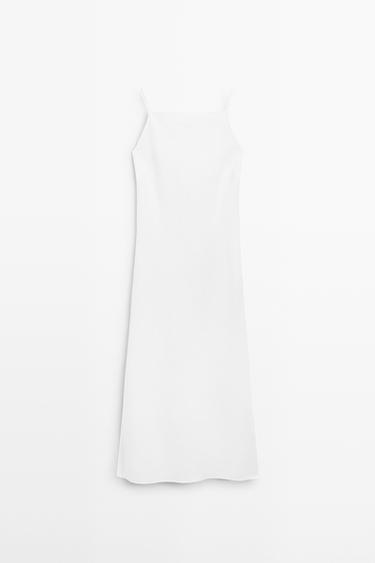 Zara 100% linen midi dress with straight neckline - White