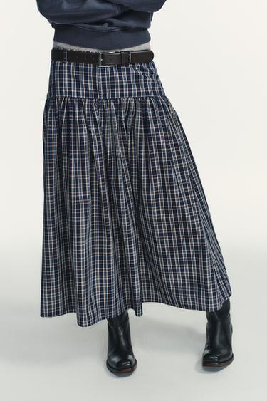 CHECKED MIDI SKIRT WITH BELT - Blue / Navy by Zara
