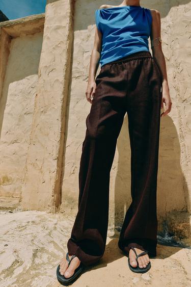 STRAIGHT TROUSERS WITH LINEN - Dark brown by Zara