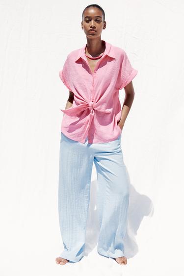 Zara 打結短袖襯衫 - 粉红色