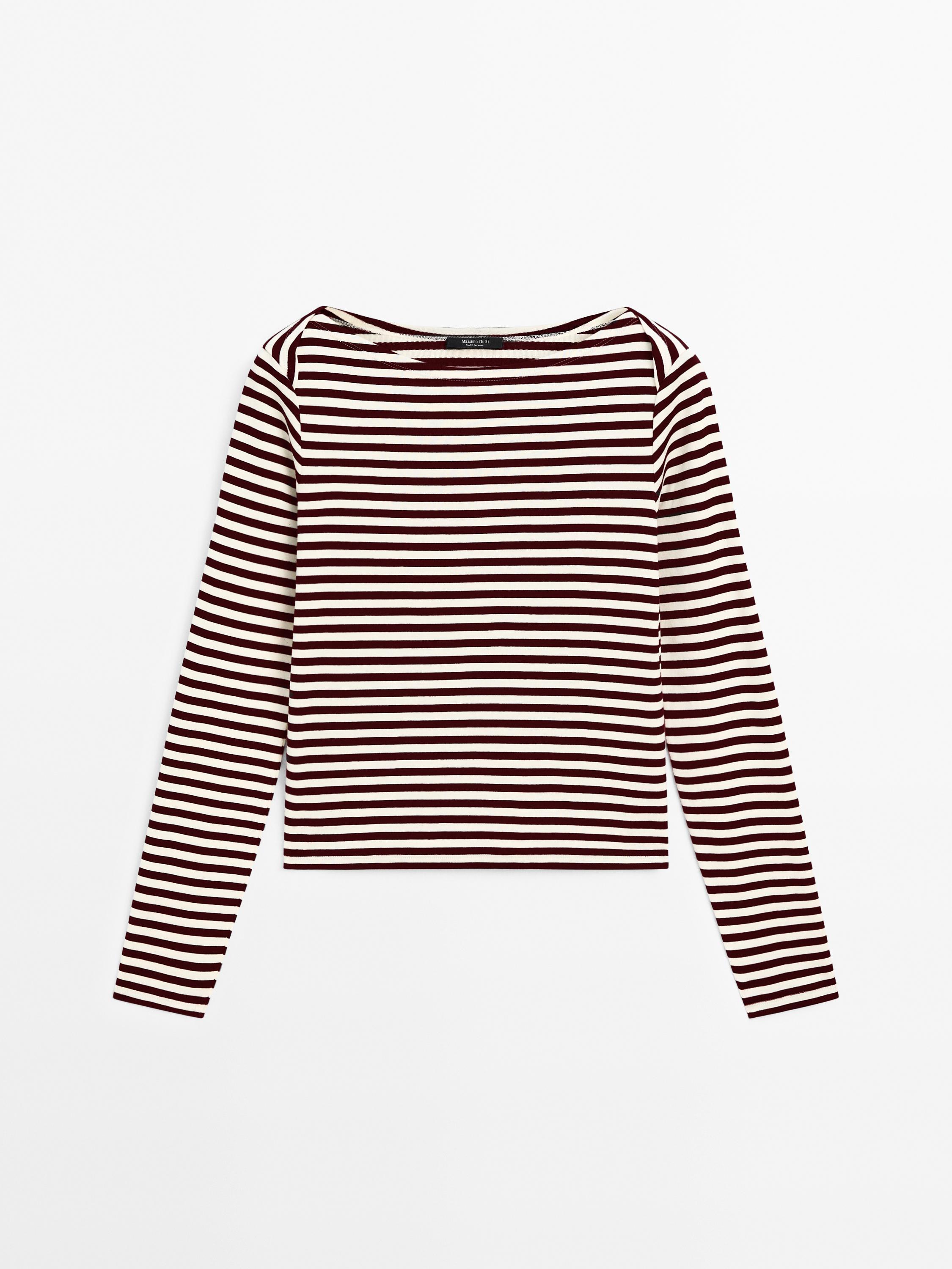 Striped T-shirt with crossover shoulder detail - Brown | ZARA United States