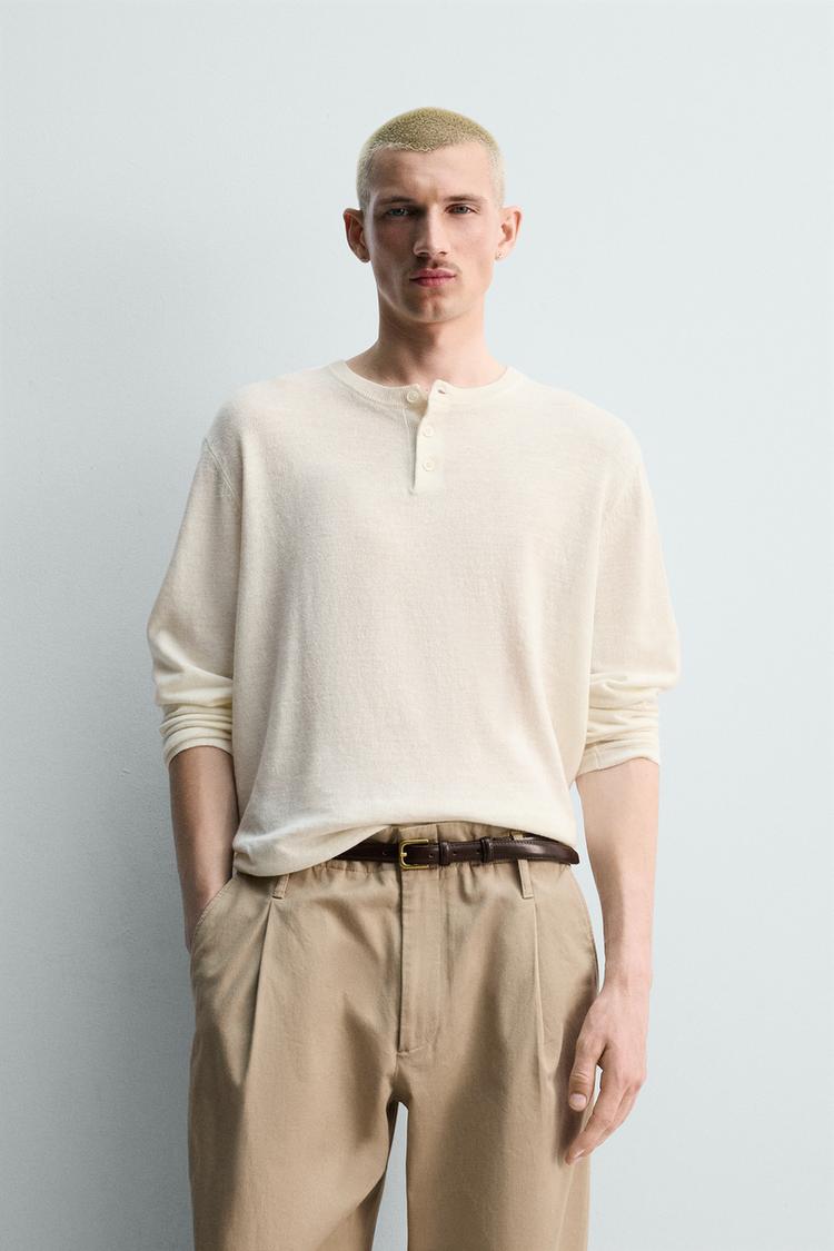ZARA HENLEY NECK LINEN-WOOL JUMPER