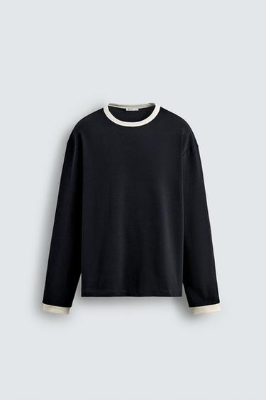 Zara 撞色羅紋長袖 T 恤 - 海藍色