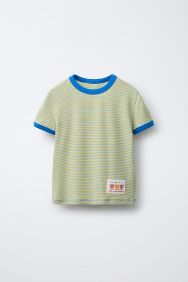 STRIPED T-SHIRT WITH CONTRAST NECK - Green by Zara