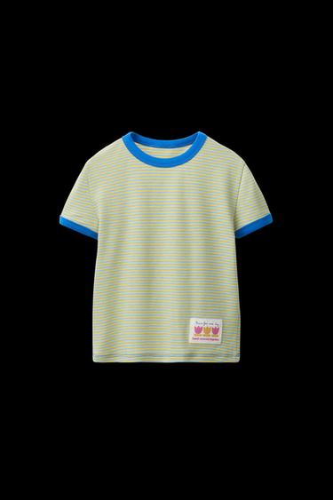 Zara CONTRAST NECK STRIPED T-SHIRT - Green