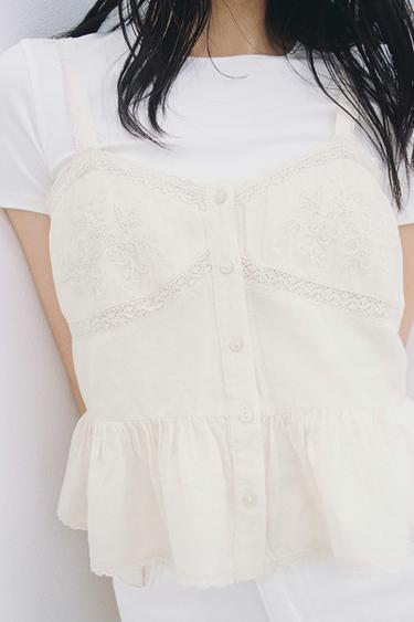 LACE EMBROIDERED TOP - Light beige by Zara
