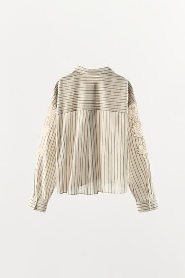 STRIPED SHIRT WITH EMBROIDERED LACE - Ecru / Black by Zara - Image 3