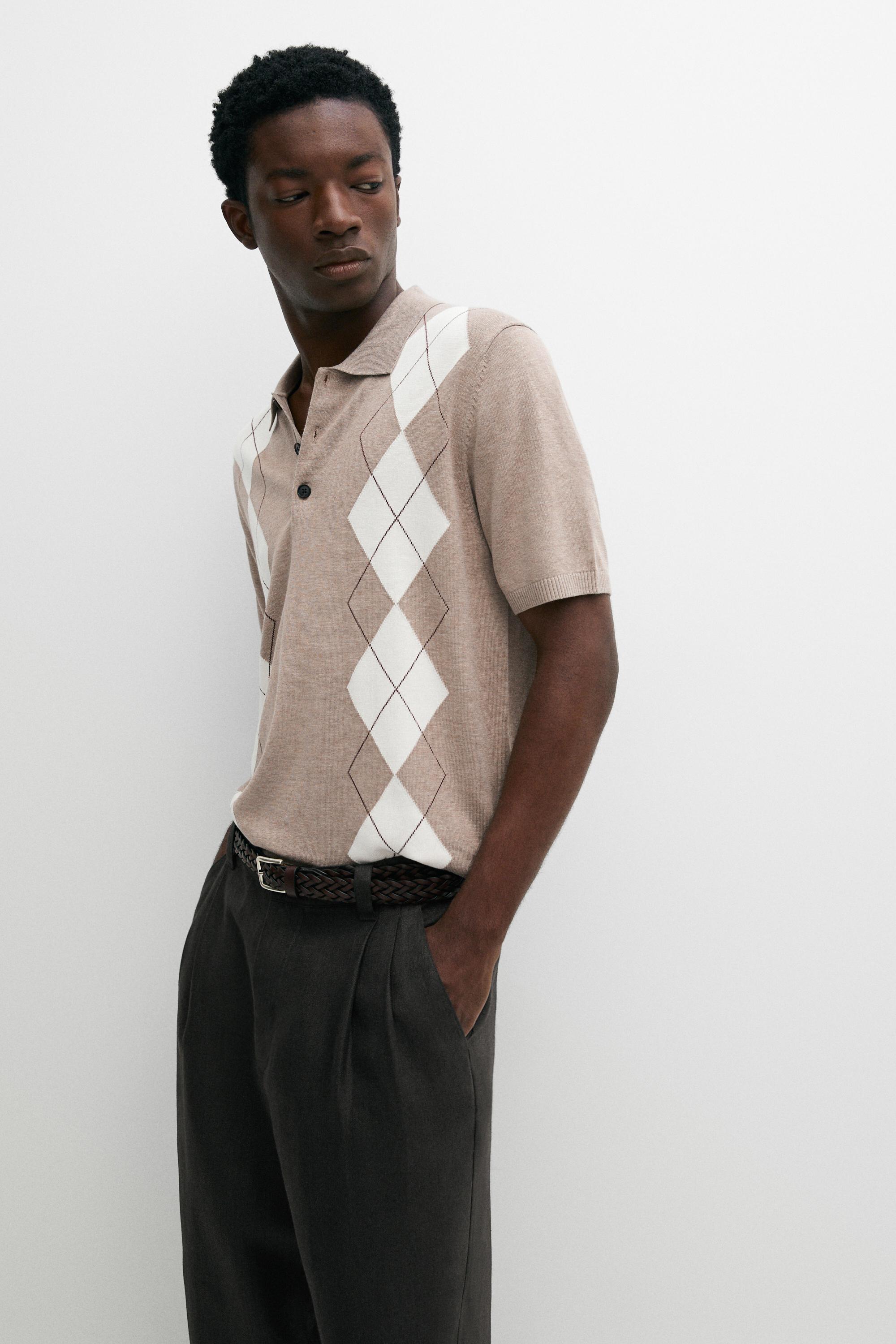 Cotton blend diamond pattern short sleeve polo shirt