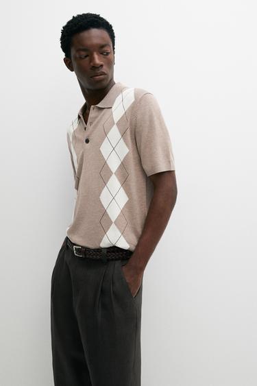 Polo à manches courtes en coton mélangé motif losanges - Beige chiné de Zara
