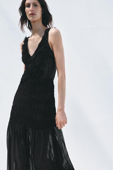 Zara TEXTURED SEMI-SHEER DRESS - Black