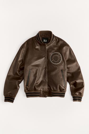 Zara 50TH ANNIVERSARY VARSITY LEATHER BOMBER JACKET - Toffee