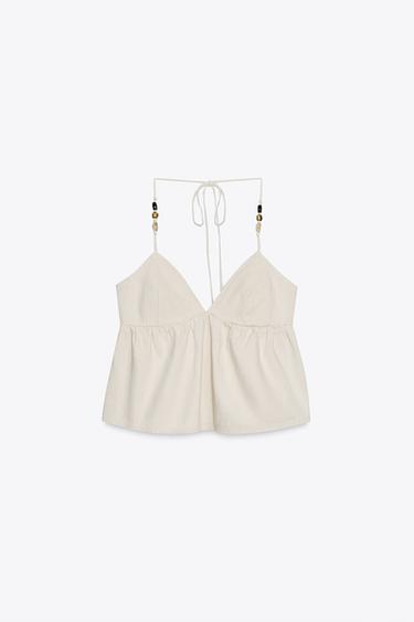 BEADED DENIM HALTER TOP - Ecru by Zara - Image 5