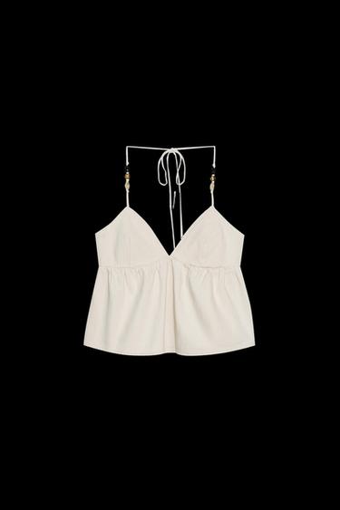 BEADED DENIM HALTER TOP - Ecru by Zara - Image 0