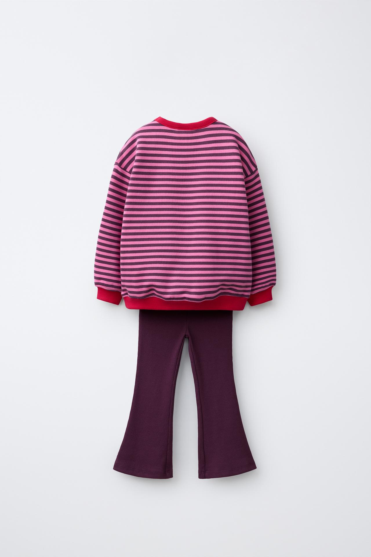STRIPED SWEATSHIRT AND FLARE LEGGING SET — Pink marl