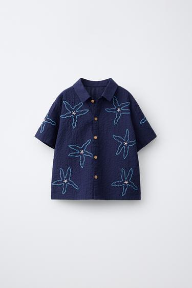 CHEMISE SEERSUCKER ÉTOILES BRODÉES - Bleu marine de Zara - Image 0