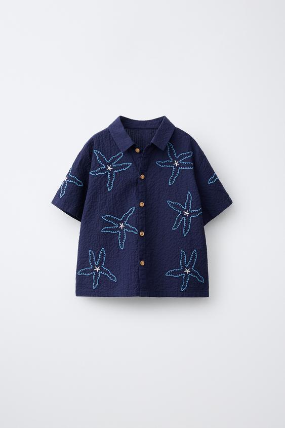 CAMISA SEERSUCKER ESTRELLAS BORDADAS - Marino de Zara - Imagen 0