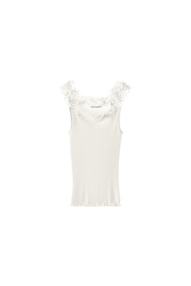RIBBED KNIT LACE TOP - Ecru by Zara