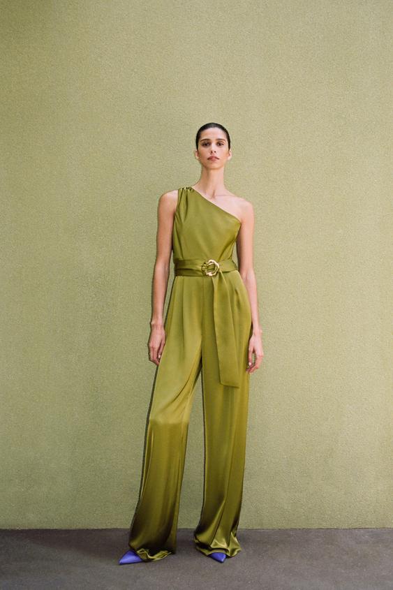 ASYMMETRIC SATIN JUMPSUIT Olive green ZARA Thailand