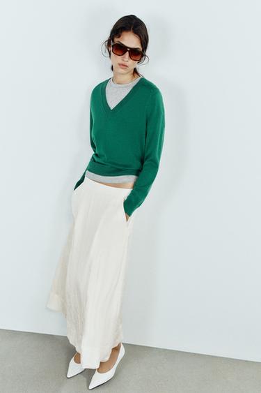 WOOL BLEND V-NECK JUMPER - Green by Zara