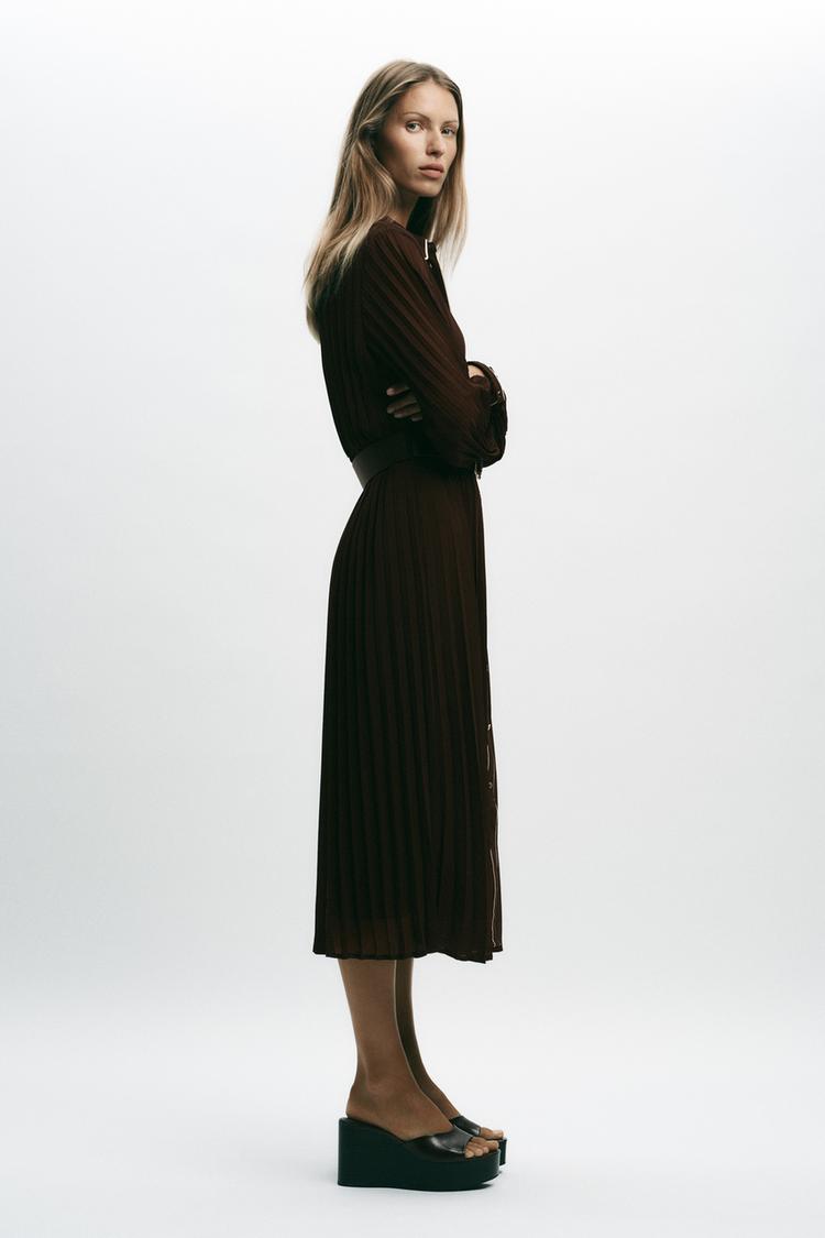 BELTED PLEATED MIDI DRESS